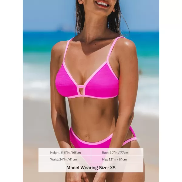 imageCUPSHE Womens Bikini Sets Two Piece Swimsuit Color Block V Neck Cutout Mid Rise Bottom Textured SwimwearHot Pink Color Block