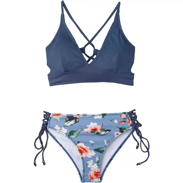 imageCUPSHE Womens Bikini Sets Two Piece Swimsuit Crisscross Lace Up V Neck Low WaistBlue