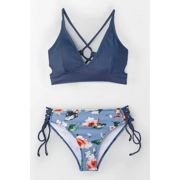imageCUPSHE Womens Bikini Sets Two Piece Swimsuit Crisscross Lace Up V Neck Low WaistBlue