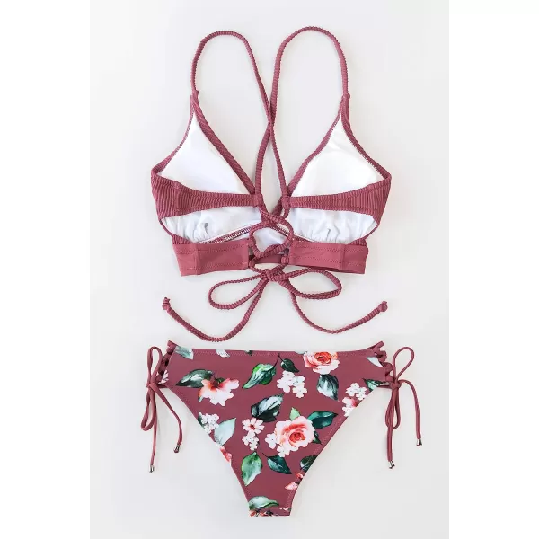imageCUPSHE Womens Bikini Sets Two Piece Swimsuit Crisscross Lace Up V Neck Low WaistBurgundy
