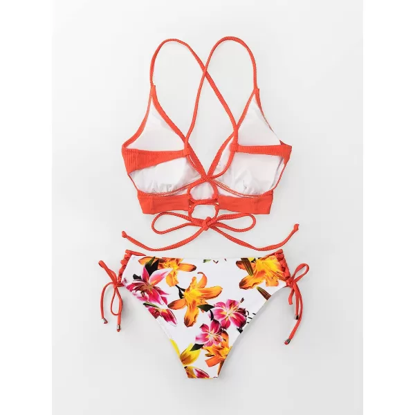 imageCUPSHE Womens Bikini Sets Two Piece Swimsuit Crisscross Lace Up V Neck Low WaistCoral