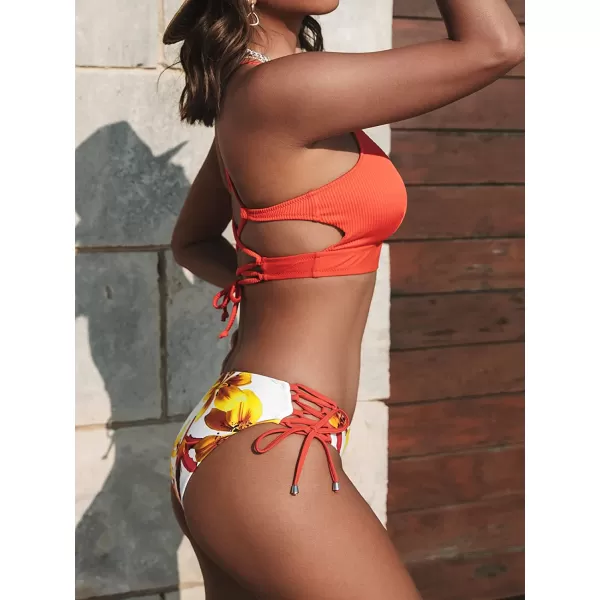 imageCUPSHE Womens Bikini Sets Two Piece Swimsuit Crisscross Lace Up V Neck Low WaistCoral