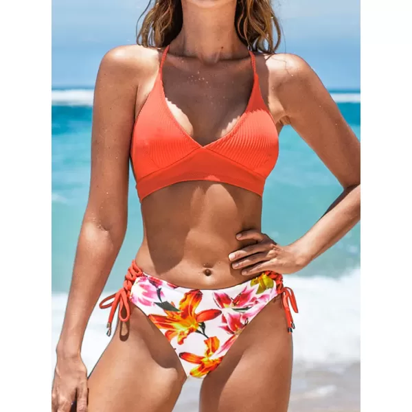 imageCUPSHE Womens Bikini Sets Two Piece Swimsuit Crisscross Lace Up V Neck Low WaistCoral