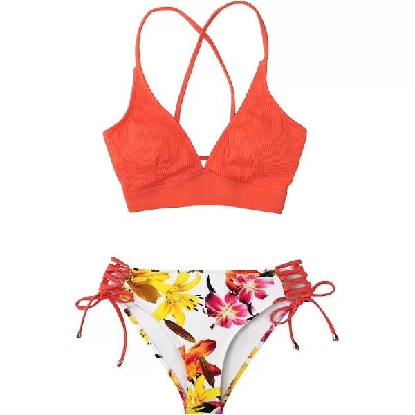 imageCUPSHE Womens Bikini Sets Two Piece Swimsuit Crisscross Lace Up V Neck Low WaistCoral
