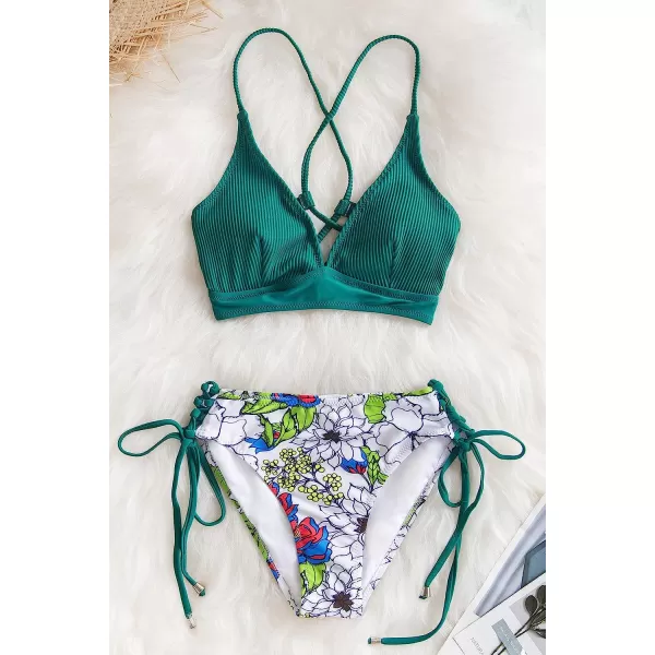 imageCUPSHE Womens Bikini Sets Two Piece Swimsuit Crisscross Lace Up V Neck Low WaistGreen Floral