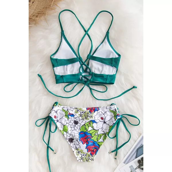 imageCUPSHE Womens Bikini Sets Two Piece Swimsuit Crisscross Lace Up V Neck Low WaistGreen Floral