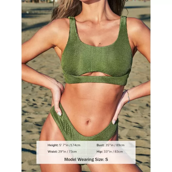 imageCUPSHE Womens Bikini Sets Two Piece Swimsuit Cutout Scoop Neck Crisscross Back Adjustable Straps Cheeky BottomOlive Green