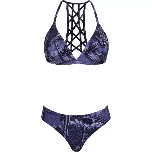 imageCUPSHE Womens Bikini Sets Two Piece Swimsuit Deep V Neck Triangle Cups Mid Rise Strappy Cutout SwimwearBlue Jeans Print
