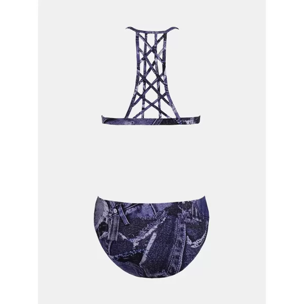 imageCUPSHE Womens Bikini Sets Two Piece Swimsuit Deep V Neck Triangle Cups Mid Rise Strappy Cutout SwimwearBlue Jeans Print
