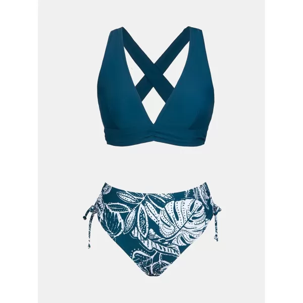 imageCUPSHE Womens Bikini Sets Two Piece Swimsuit Drawstring Mid Rise Bottom V Neck Crisscross SwimwearTeal Tropical