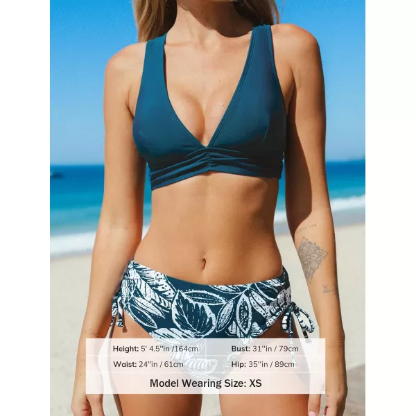 imageCUPSHE Womens Bikini Sets Two Piece Swimsuit Drawstring Mid Rise Bottom V Neck Crisscross SwimwearTeal Tropical