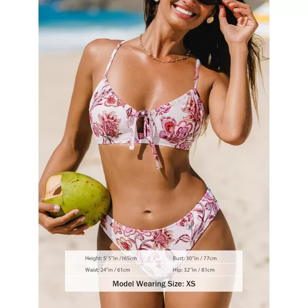 imageCUPSHE Womens Bikini Sets Two Piece Swimsuit Drawstring Scoop Neck Self Tie Swimwear Mid Rise BottomFloral Print