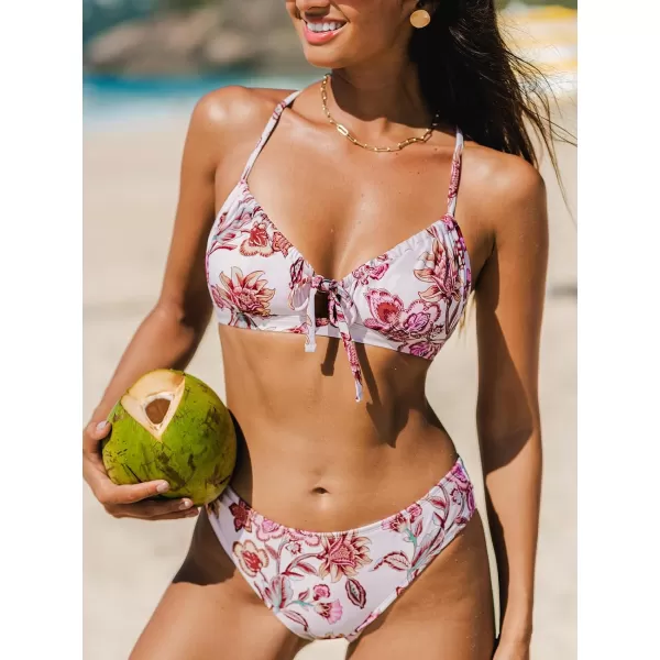 imageCUPSHE Womens Bikini Sets Two Piece Swimsuit Drawstring Scoop Neck Self Tie Swimwear Mid Rise BottomFloral Print