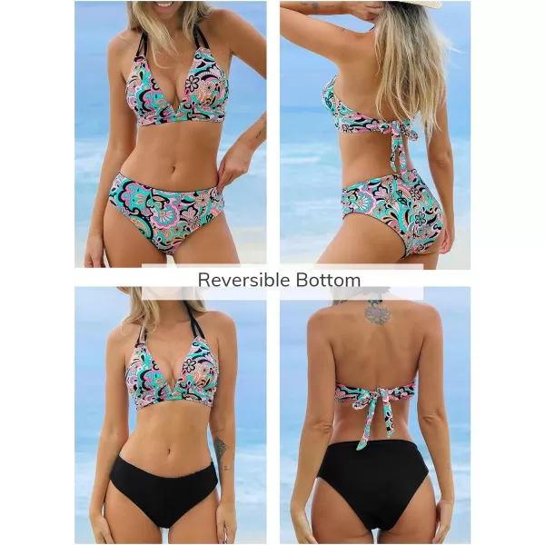 imageCUPSHE Womens Bikini Sets Two Piece Swimsuit Halter Deep V Neck Mid Rise VWire Drawstring Ruched Reversible BottomBlackPinkGreen