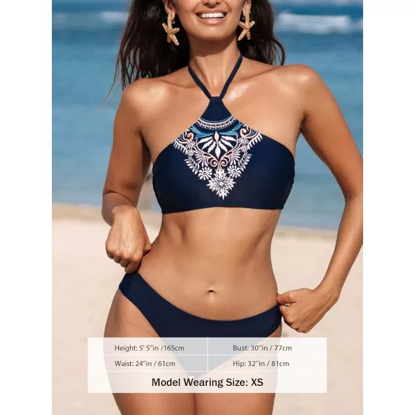 imageCUPSHE Womens Bikini Sets Two Piece Swimsuit Halter High Neck Retro Embroidered Bathing Suit Back TieNavy Blue