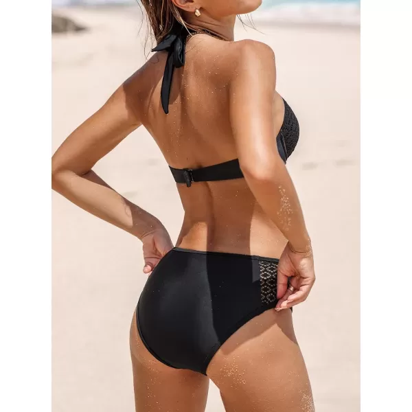 imageCUPSHE Womens Bikini Sets Two Piece Swimsuit Halter Mid Rise Back Hook Deep V Neck Push Up Underwire Molded Cups LaceBlack