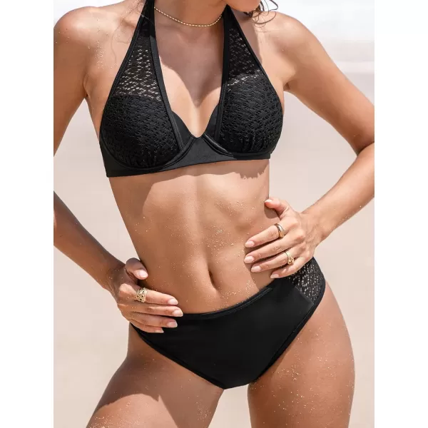 imageCUPSHE Womens Bikini Sets Two Piece Swimsuit Halter Mid Rise Back Hook Deep V Neck Push Up Underwire Molded Cups LaceBlack