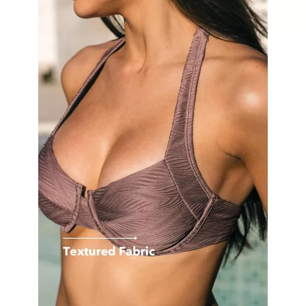 imageCUPSHE Womens Bikini Sets Two Piece Swimsuit Halter Wide Straps Mid Rise Back Hook Tie Underwire CupsMauve Purple