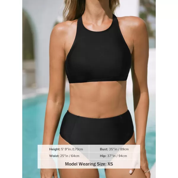 imageCUPSHE Womens Bikini Sets Two Piece Swimsuit High Round Neck High Waisted Back Cutout TSharp TopBlack