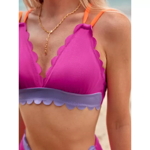 imageCUPSHE Womens Bikini Sets Two Piece Swimsuit High Waisted Bottom Colorblock Scalloped Dual Straps Swiwmear Back TieFuchsia Purple