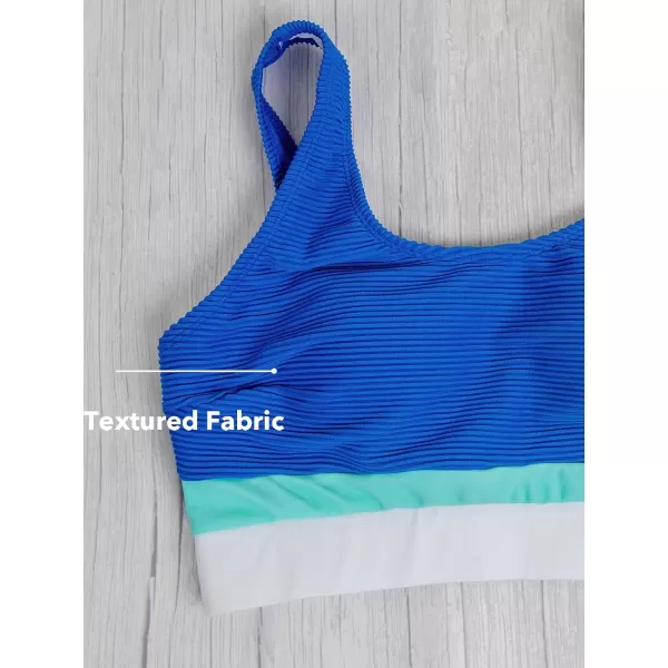 imageCUPSHE Womens Bikini Sets Two Piece Swimsuit High Waisted Bottom Scoop Neck Color Block Ribbed SwimwearRoyal Blue