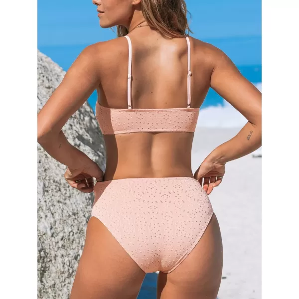 imageCUPSHE Womens Bikini Sets Two Piece Swimsuit High Waisted Bottom Scoop Neck Textured SwimwearPeach Fuzz