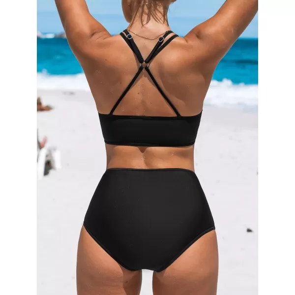 imageCUPSHE Womens Bikini Sets Two Piece Swimsuit High Waisted Bottom V Neck Mesh Retro Cross Back SwimwearBlack