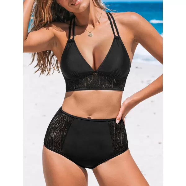 imageCUPSHE Womens Bikini Sets Two Piece Swimsuit High Waisted Bottom V Neck Mesh Retro Cross Back SwimwearBlack
