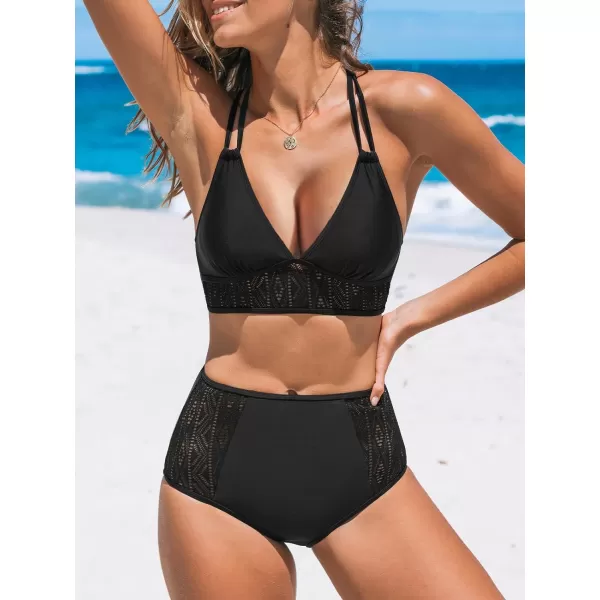 imageCUPSHE Womens Bikini Sets Two Piece Swimsuit High Waisted Bottom V Neck Mesh Retro Cross Back SwimwearBlack