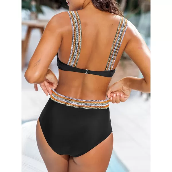 imageCUPSHE Womens Bikini Sets Two Piece Swimsuit High Waisted Bottom Wrap V Neck Wide Straps Shirred SwimwearBlack