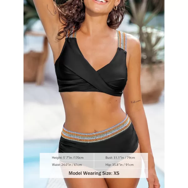 imageCUPSHE Womens Bikini Sets Two Piece Swimsuit High Waisted Bottom Wrap V Neck Wide Straps Shirred SwimwearBlack