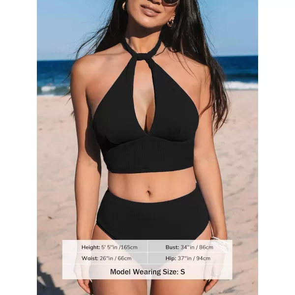 imageCUPSHE Womens Bikini Sets Two Piece Swimsuit High Waisted Halter Back Self Tie V Neck BacklessBlack