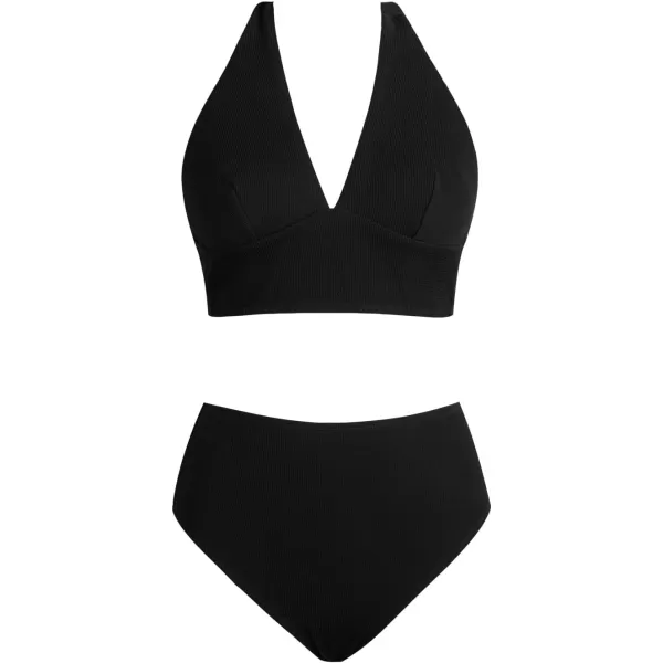 imageCUPSHE Womens Bikini Sets Two Piece Swimsuit High Waisted Halter Back Self Tie V Neck BacklessBlack