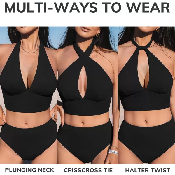 imageCUPSHE Womens Bikini Sets Two Piece Swimsuit High Waisted Halter Back Self Tie V Neck BacklessBlack