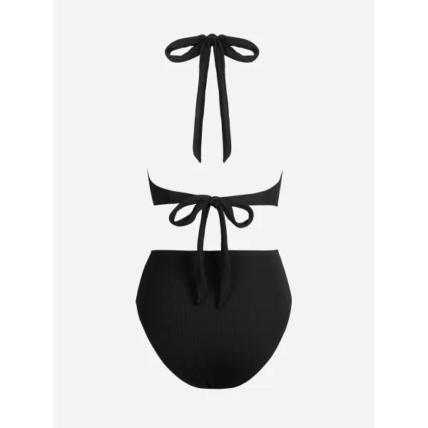 imageCUPSHE Womens Bikini Sets Two Piece Swimsuit High Waisted Halter Back Self Tie V Neck BacklessBlack