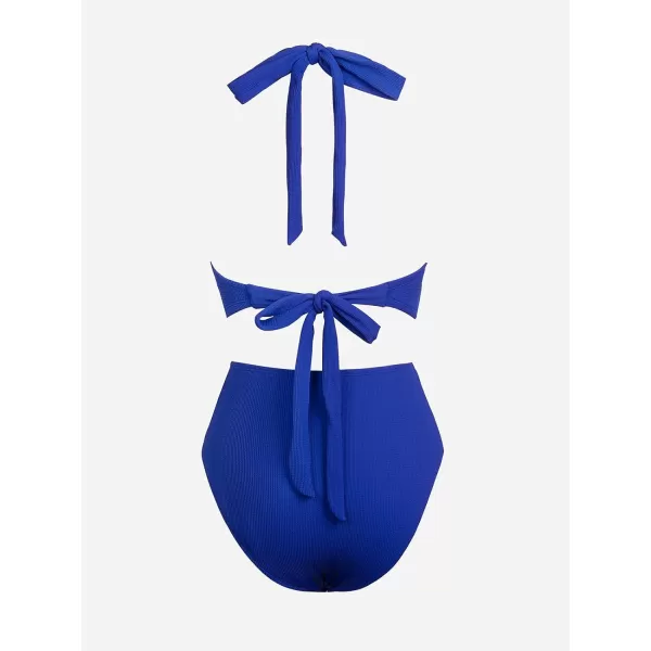 imageCUPSHE Womens Bikini Sets Two Piece Swimsuit High Waisted Halter Back Self Tie V Neck BacklessLapis Blue
