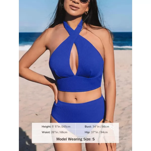 imageCUPSHE Womens Bikini Sets Two Piece Swimsuit High Waisted Halter Back Self Tie V Neck BacklessLapis Blue