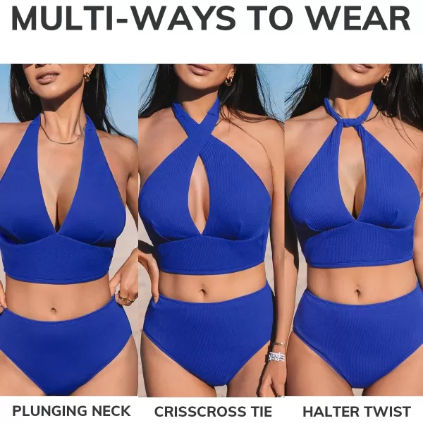 imageCUPSHE Womens Bikini Sets Two Piece Swimsuit High Waisted Halter Back Self Tie V Neck BacklessLapis Blue