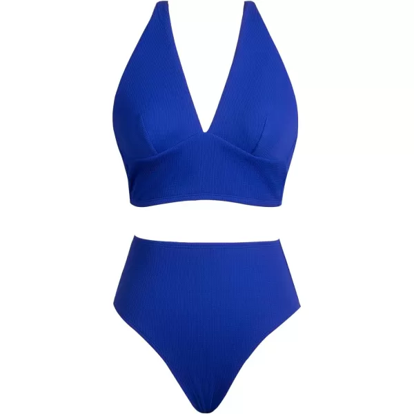 imageCUPSHE Womens Bikini Sets Two Piece Swimsuit High Waisted Halter Back Self Tie V Neck BacklessLapis Blue