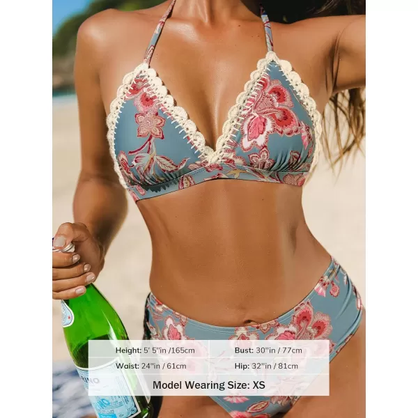imageCUPSHE Womens Bikini Sets Two Piece Swimsuit High Waisted Halter Triangle Tops V Neck Scalloped CrochetBlue Grey Floral