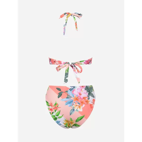 imageCUPSHE Womens Bikini Sets Two Piece Swimsuit High Waisted Halter V Neck Back Self Tie UnderwirePeach PinkFloral