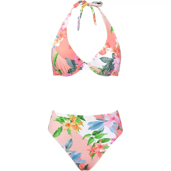 imageCUPSHE Womens Bikini Sets Two Piece Swimsuit High Waisted Halter V Neck Back Self Tie UnderwirePeach PinkFloral