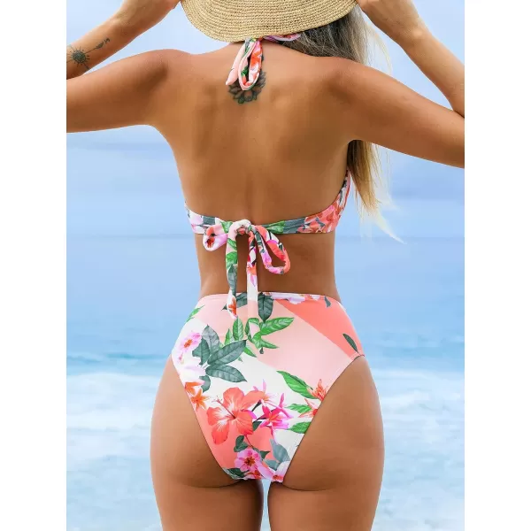 imageCUPSHE Womens Bikini Sets Two Piece Swimsuit High Waisted Halter V Neck Back Self Tie UnderwirePeach PinkFloral