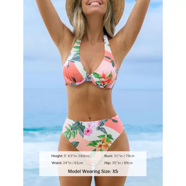 imageCUPSHE Womens Bikini Sets Two Piece Swimsuit High Waisted Halter V Neck Back Self Tie UnderwirePeach PinkFloral
