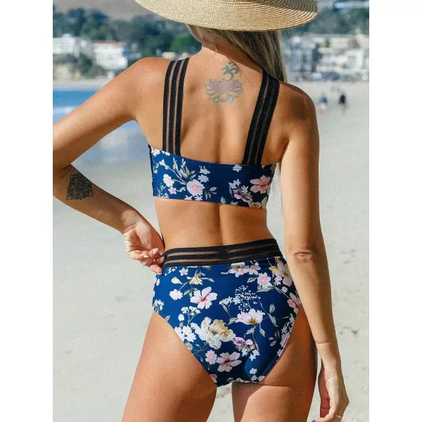 imageCUPSHE Womens Bikini Sets Two Piece Swimsuit High Waisted High Neck Wide Straps Bathing Suit MeshBlue Floral