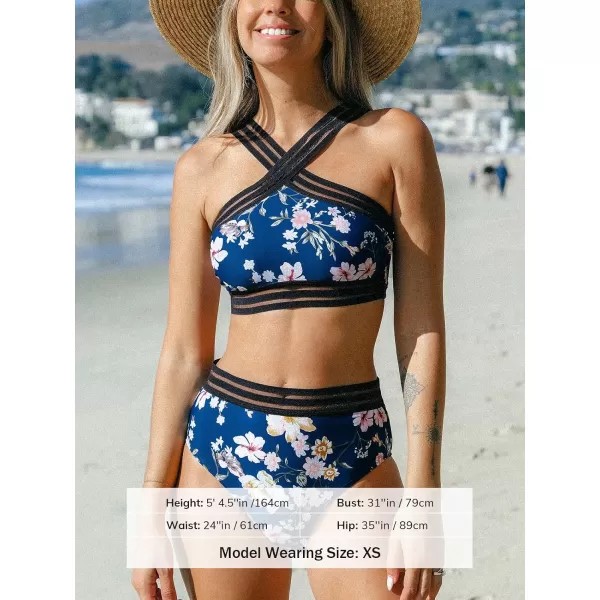 imageCUPSHE Womens Bikini Sets Two Piece Swimsuit High Waisted High Neck Wide Straps Bathing Suit MeshBlue Floral