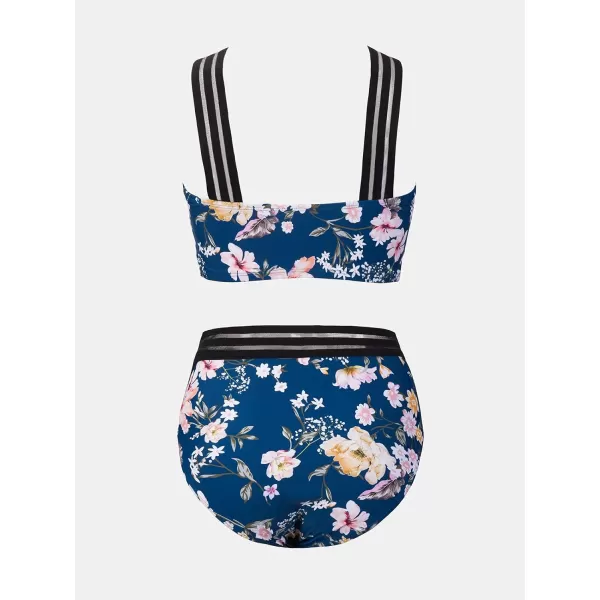 imageCUPSHE Womens Bikini Sets Two Piece Swimsuit High Waisted High Neck Wide Straps Bathing Suit MeshBlue Floral