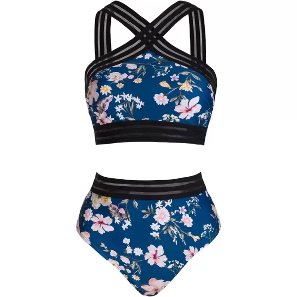 imageCUPSHE Womens Bikini Sets Two Piece Swimsuit High Waisted High Neck Wide Straps Bathing Suit MeshBlue Floral