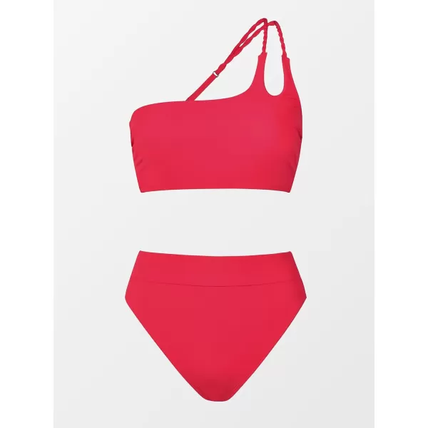imageCUPSHE Womens Bikini Sets Two Piece Swimsuit High Waisted One Shoulder Back Laceup SwimwearRed