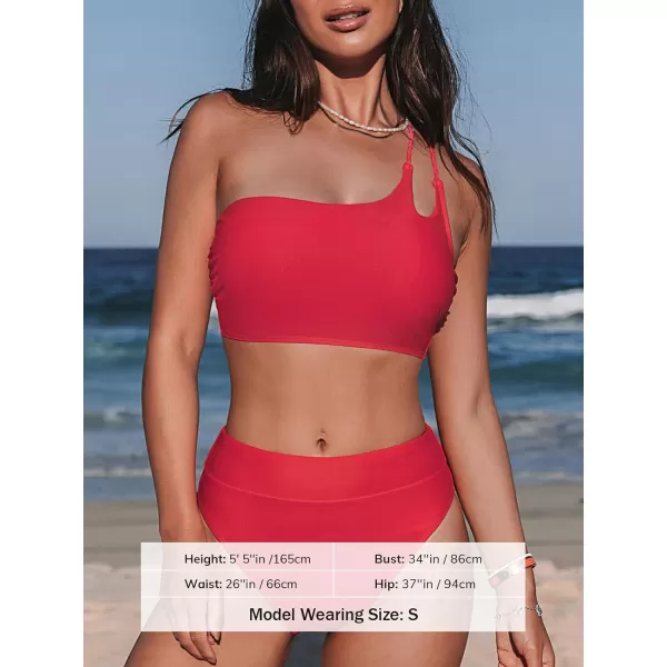 imageCUPSHE Womens Bikini Sets Two Piece Swimsuit High Waisted One Shoulder Back Laceup SwimwearRed